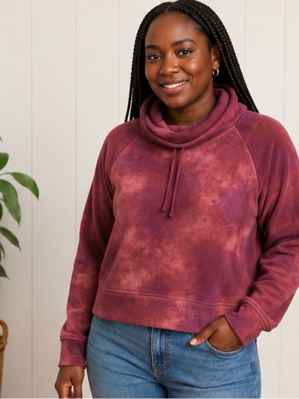 Old Navy Go-Warm Tie Dye Cowl Neck Fleece Pullover Sweatshirt - Mauve/Plum Sz M